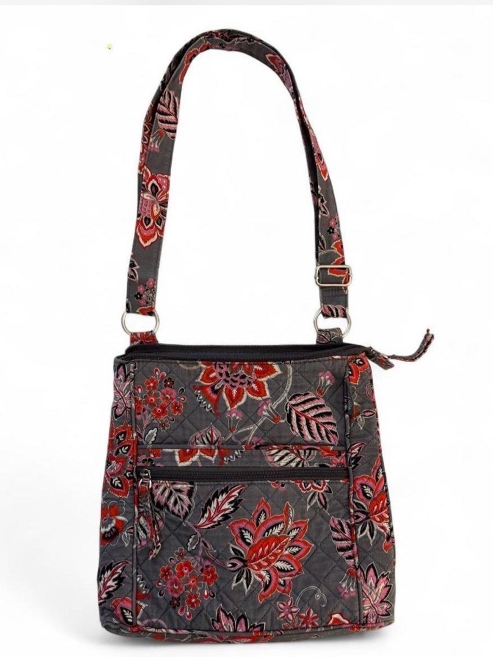 Waverly Inspirations Gray Quilted Crossbody with Red & Pink Floral Print